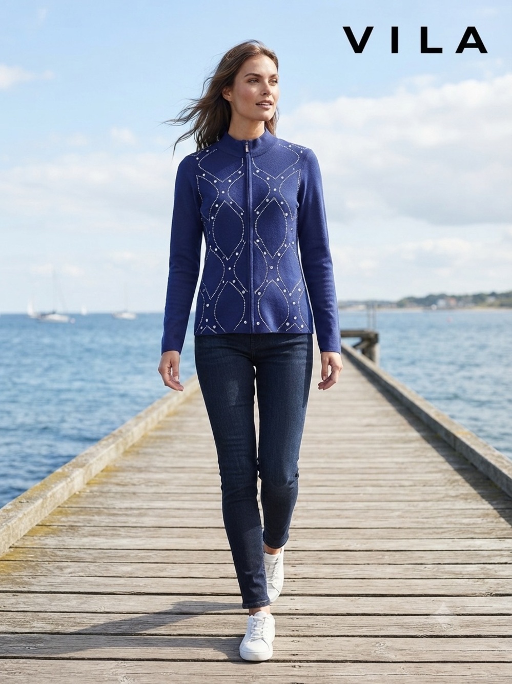 VILA Women's Royal Blue Zip Front Knit Jacket with Contrast Stitching